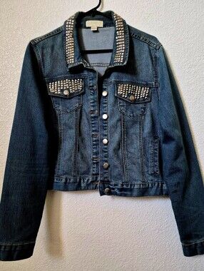 Stud-Trim Dark Blue Denim Jacket - Women